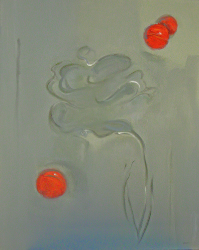 gray blue with soft flower and red balls