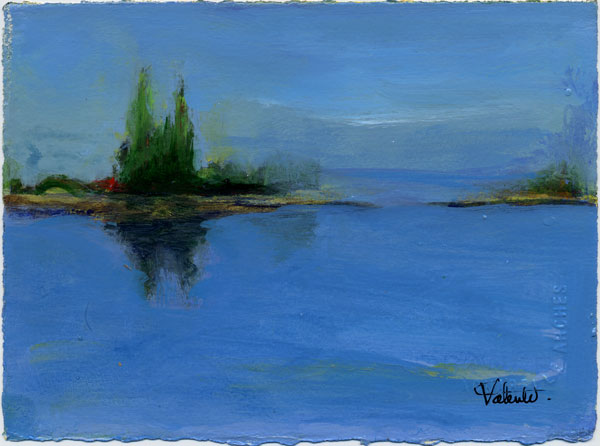 blue water with green trees on left