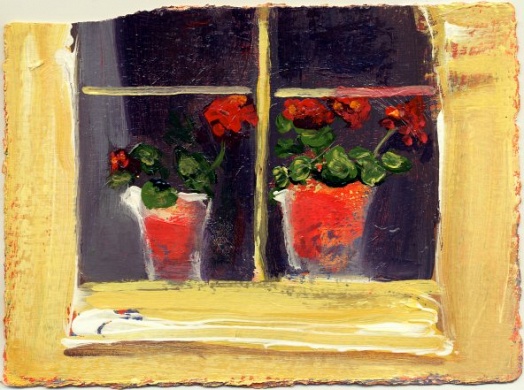 2 geraniums in window