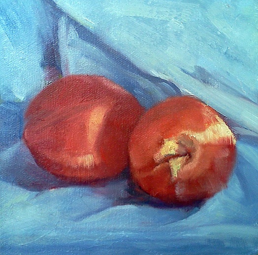 two peaches on blue