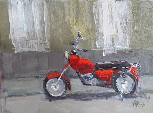 red motorcycle green walls abstract realistic cityscape