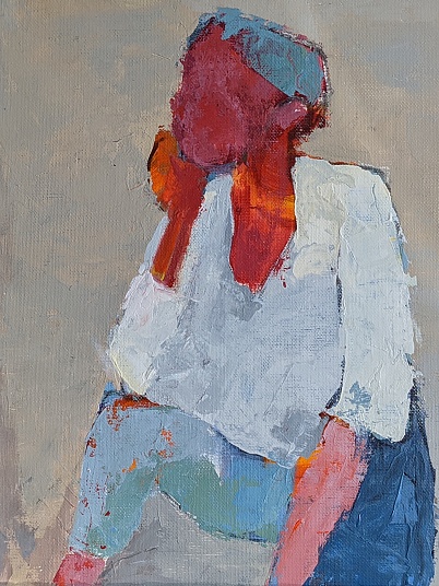 woman sitting red skin blue hair