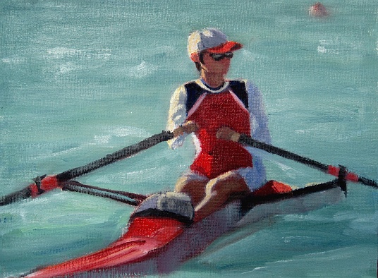Asian rower in red