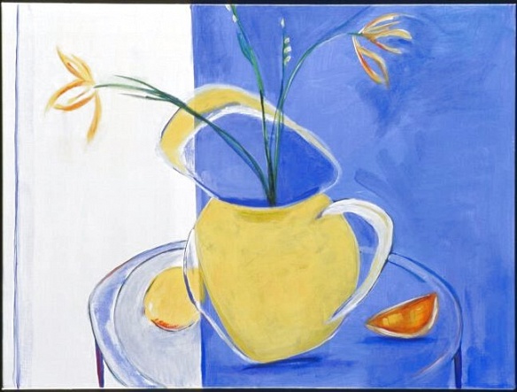 pitcher table fruit blue yellow orange still life abstract modern