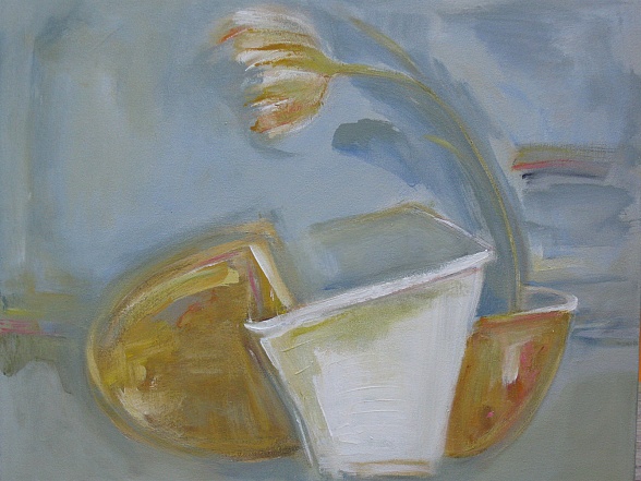 abstracted bowls and flower gold blue and white
