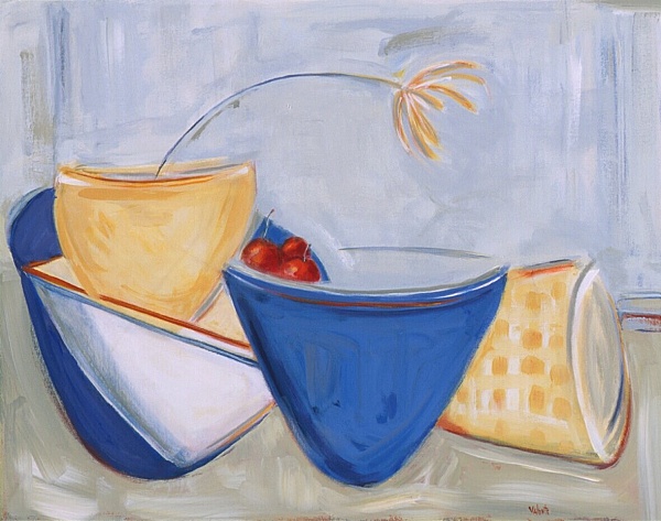 blue yellow white bowls tumbling with cherries and flower