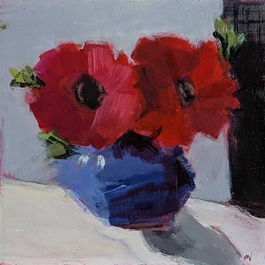 Red Gerberas in Blue Pitcher