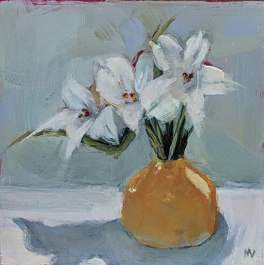 white flowers alstroemerias yellow vase blue green small acrylic 6x6