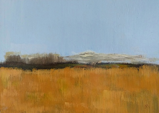 abstract landscape with golden meadow and gray clouds