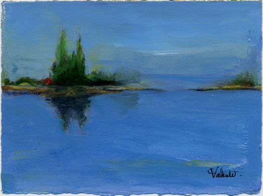 blue water with green trees on left