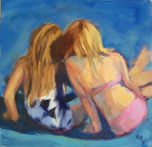 Elena and B leaning in bathing suits  back view