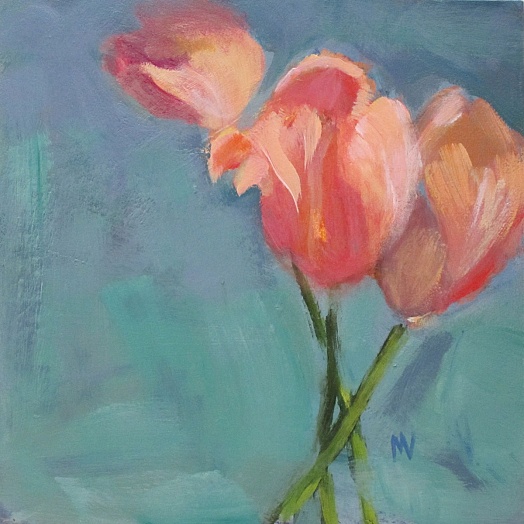 three peach tulips on board