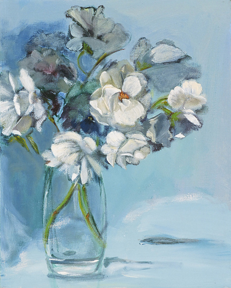 roses still life blue acrylic white