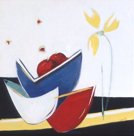 red white and blue bowls with apples and flower