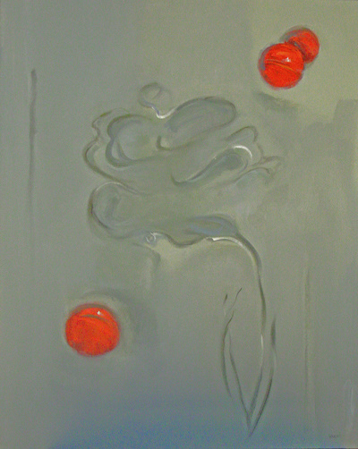 gray blue with soft flower and red balls
